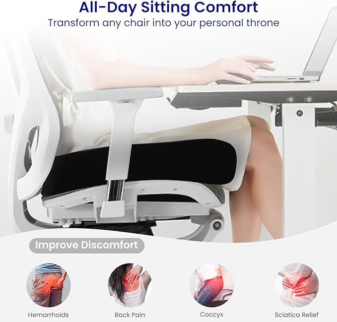 REDOFF®Extra Large Memory Seat Cushion 21.5 * 17.7 * 4inches– Cushion Pillow for Back Support Non-Slip Seat Pad for Office Desk, Car Seat, Wheelchair, Sciatica (Black)