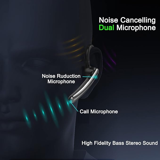 IHAO Single Ear Wireless Bluetooth Earphone Noise Cancelling Stereo Dual HD Mic Headphone Earpiece 16Hrs Hands-Free Calling in-Ear Headset Painless Firm Wear for Driving/Business/Office/Trucker