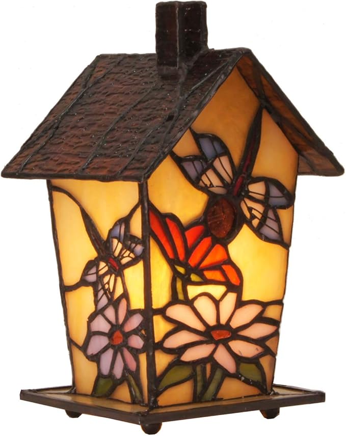 Bieye L10782 Tiffany Style Stained Glass Birdhouse Table Lamp for Home Decor (7-inch High, Dragonfly)