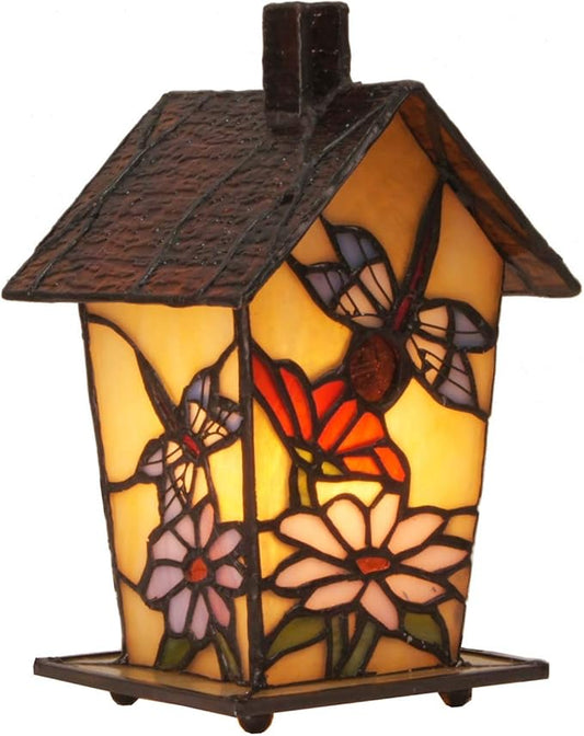 Bieye L10782 Tiffany Style Stained Glass Birdhouse Table Lamp for Home Decor (7-inch High, Dragonfly)