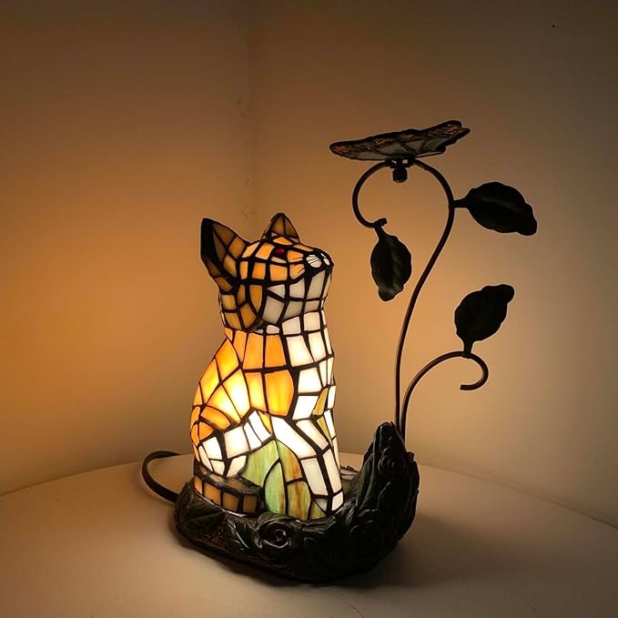 Bieye L10891 Tiffany-Style Stained Glass Cat Accent Table Lamp - Adorable Orange Cat Watching a Butterfly - 10-Inch Tall