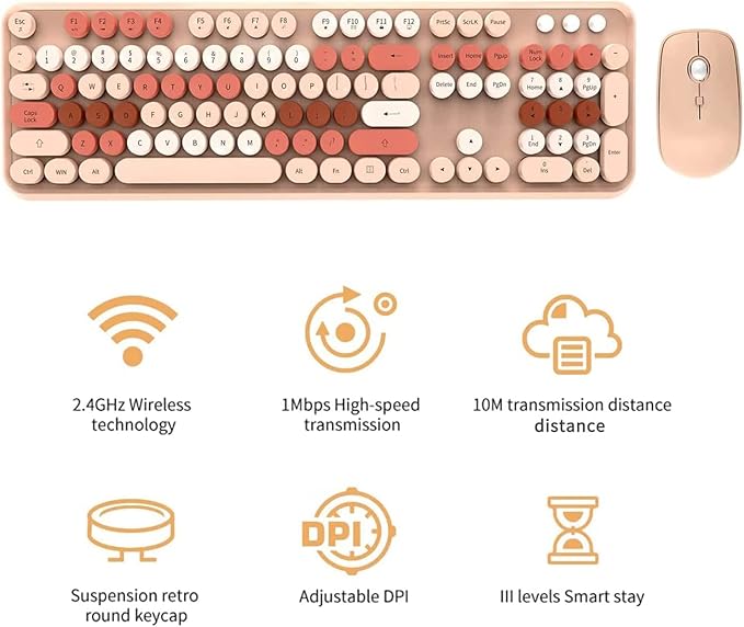 Wireless Keyboard Mouse Combo, 2.4GHz Typewriter Keyboard Wireless with 104 Cute Colorful Retro Round Keys, Letton Full Size Wireless Keyboard Mouse with 3 DPI for Computer PC Laptop-Brown
