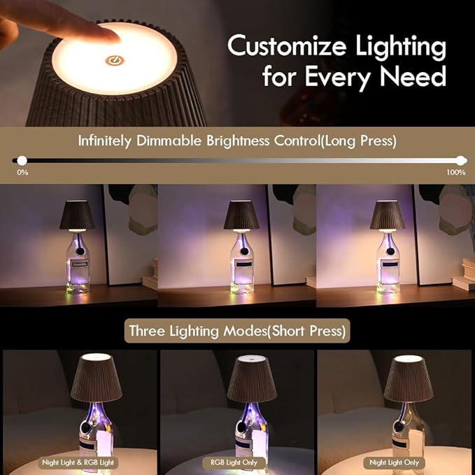 WILIT Wireless Bottle Lamp Shades for Table Lamps, 3-Level Brightness Rechargeable Light for Bottles, Bar Decorations for Home, Bar Decor with RGB Lights, Mini Cordless Lamp for Bedroom, House Gifts