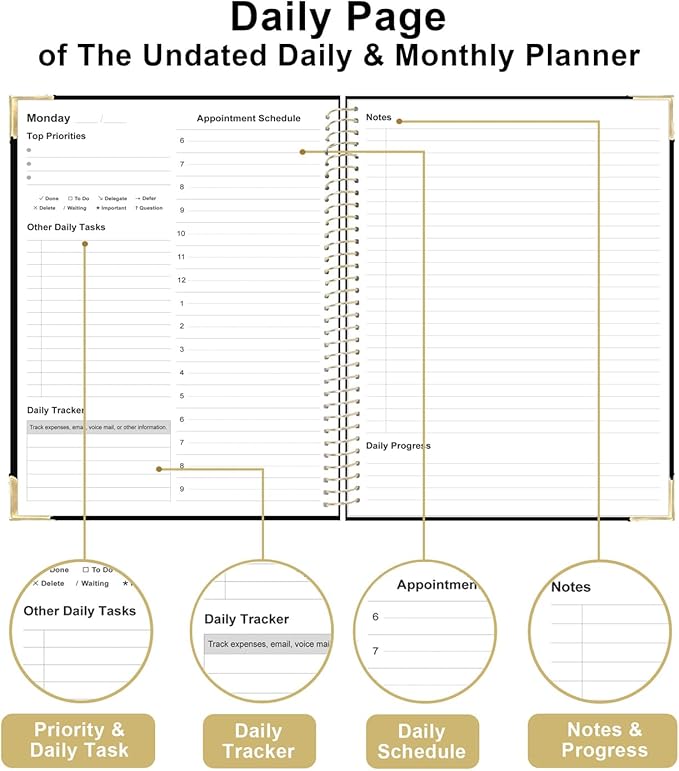 Undated Daily Monthly Planner for 2025 2026 - A4 To Do List with Hourly Schedule, Hardcover Spiral Bound Daily Planner to Increase Focus, Stylish School/Office Supplies, 8.5" x 11", Black