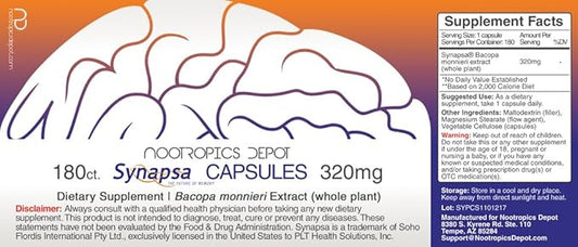Nootropics Depot Synapsa Bacopa Monnieri Capsules | 320mg | 180 Count | Whole Plant Extract | Ayurvedic Herb | Adaptogen Supplement | to Enhance Learning, Memory and Mental Performance