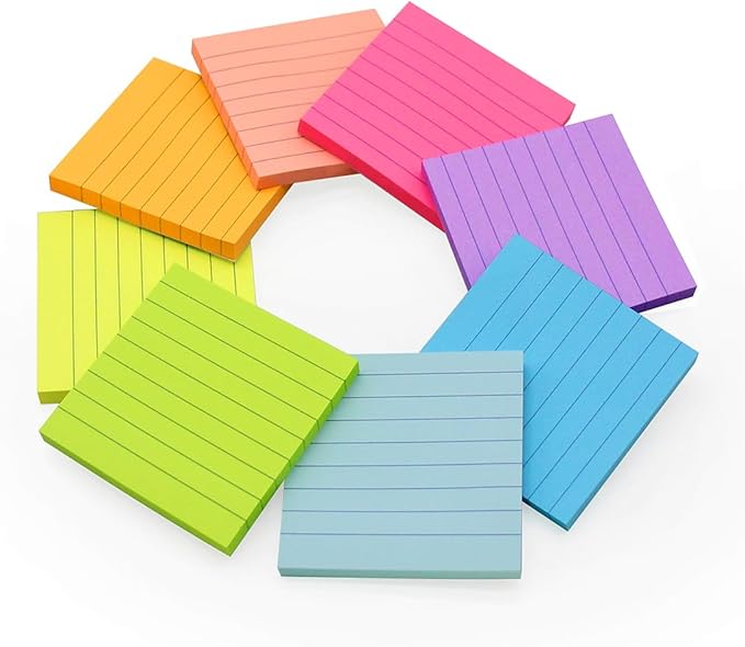 Lined Sticky Notes 3x3 in Bright Ruled Stickies Colorful Super Sticking Power Memo Pads, 82 Sheets/pad, 8 Pads/Pack