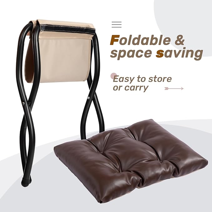 HollyHOME 15" H Folding Footrest Stool,Upholstered Foldable Ottoman with Padded Design. Features Metal Frame for Portability. Ideal for Sofas, Lazy Chairs,Living Room,Bedroom.PU Brown