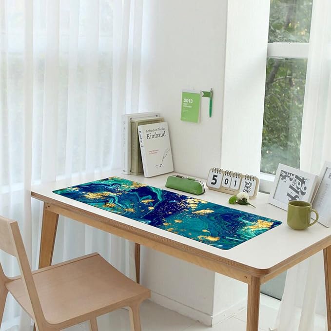 iCasso Extended Gaming Mouse Pad (35.4x15.7 in), Large Non-Slip Rubber Base Mousepad with Stitched Edges, Waterproof Keyboard Mouse Mat Desk Pad for Work, Game, Office, Home - Blue Marble - XXL