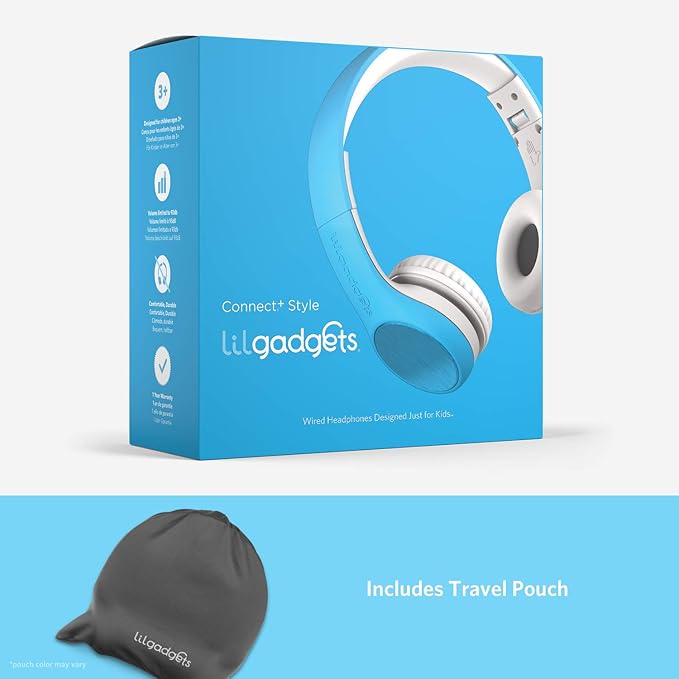 LilGadgets Connect+ Style On-Ear Kids Headphones with Microphone - SharePort Technology, SoftTouch Padding, Detachable Cable, Noise Reduction, Durable & Adjustable - Blue Headphones for Kids