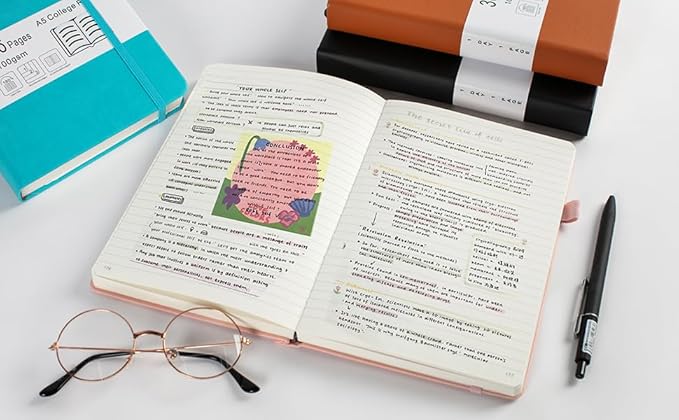 Thick College Ruled Notebook with 366 Numbered Pages, A5 Journal for Writing with 100GSM Lined Paper, Hardcover Leather Notebooks for Women Office Work Diary, 5.7"x8.3" Lavender