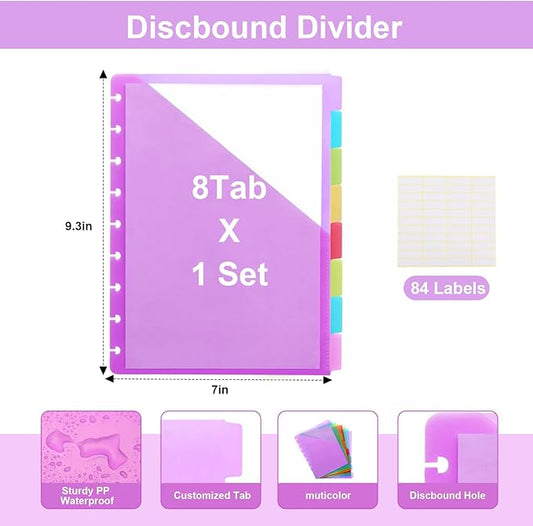 9 -Discbound Pocket Divider with 8 Tabs, 7" X9.25 Inches Tul Notbook Binder Divider Folder Dis Planner Inserts for for Document Discbound System, Office Home School(8Pcs)
