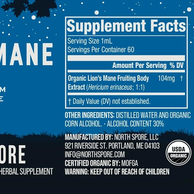 North Spore Organic Lion's Mane Mushroom Tincture (2 oz) | 100% Fruiting Body Extracts | for Focus, Memory, Brain Support | Certified Organic, Vegan, Non-GMO | Adaptogenic, Nootropic | Made in USA