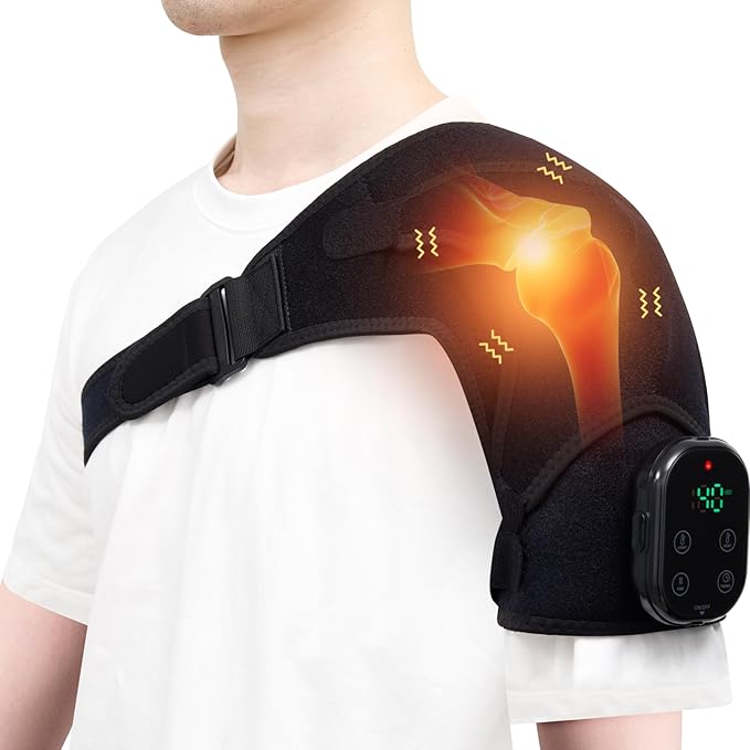 Cordless Shoulder Heating Pad with Massage, Red Light Shoulder Massager for Pain Relief, Electric Rotator Cuff Heated Shoulder Brace for Men & Women. (Black)