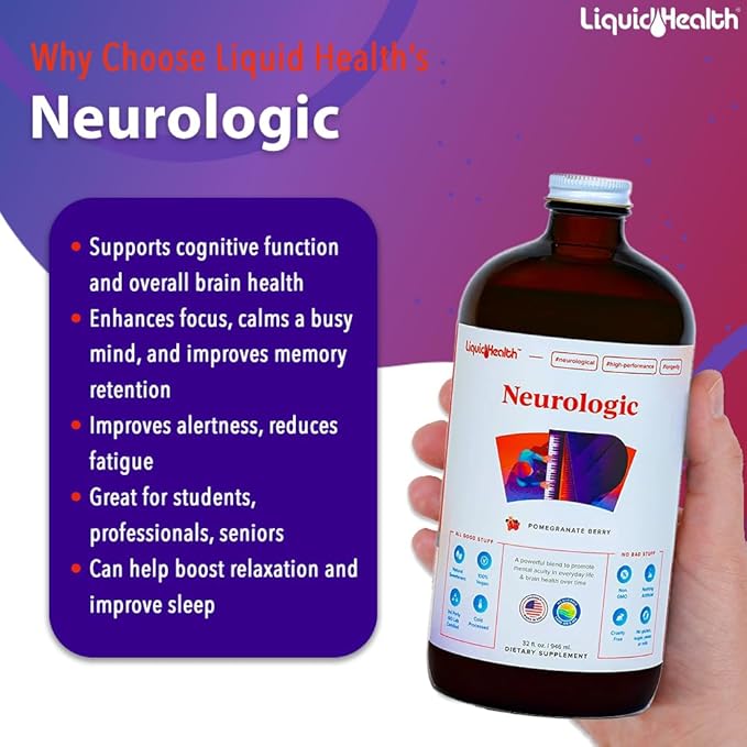 LIQUIDHEALTH Neurologic Focus Supplement - Brain Booster Nootropic Supplement for Cognitive Function, Memory & Focus with Ginkgo Biloba, Choline, L-Theanine & Phosphatidylserine - USA Made (3 Pack)