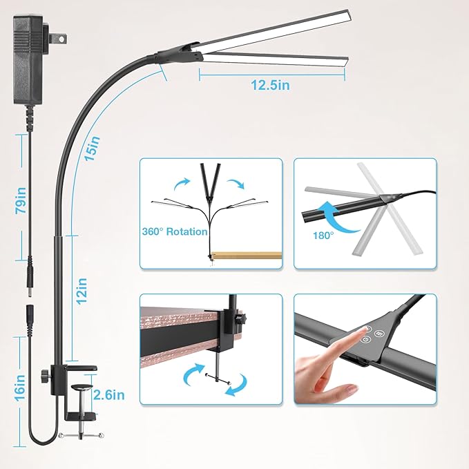 LED Desk Lamp for Home Office, Bright Double Head Desk Lamp with Clamp, Dimmable 5 Color Modes Desk Lighting, 12W Eye-Caring Architect Table Lamp for Workbench, Monitor, Reading, Study, 1400lm