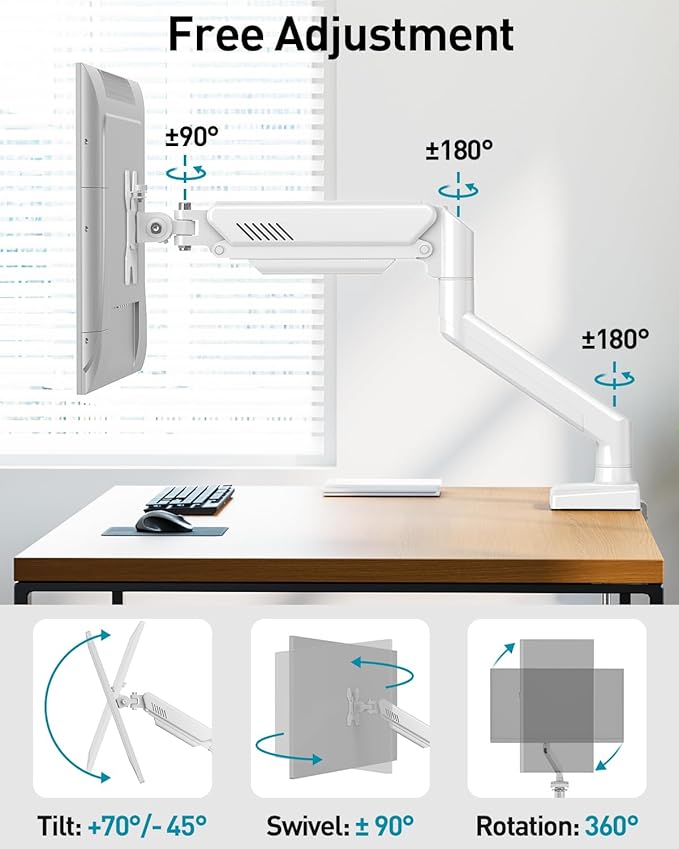 Single Monitor Arm Desk Mount Fits 13 to 32 inch Computer Screens, Holds 4.4 to 22lbs Display VESA Mount, Adjustable Monitor Stand with Clamp/Grommet Mounting Base, 75/100mm Bracket, White, Freelift