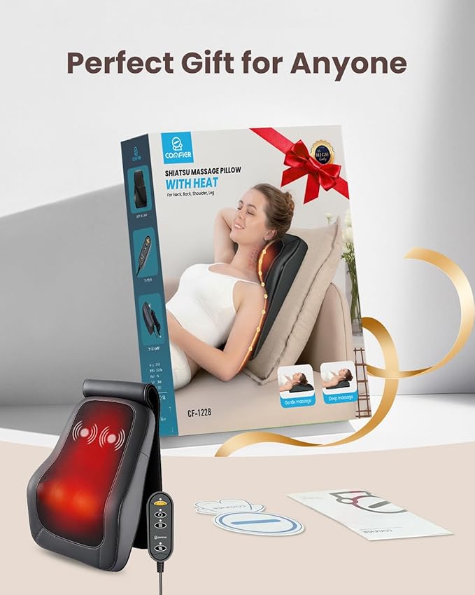 COMFIER Back Massager for Back Pain Deep Tissue 3D Shiatsu Neck Back Massager with Heat & Vibration Massager for Neck Shoulder Back Massage for Chair Heated Massage Cushion, Gifts/Presents for Mom Dad