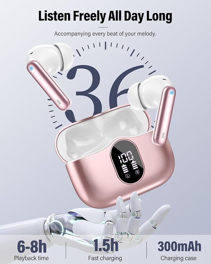 Wireless Earbuds, Bluetooth 5.4 Headphones Bass Stereo, Ear Buds with Noise Cancelling Mic, IP7 Waterproof in Ear Earphones, 36H LED Display Bluetooth Earbuds for Laptop Pad Phones Sports, Rose Gold