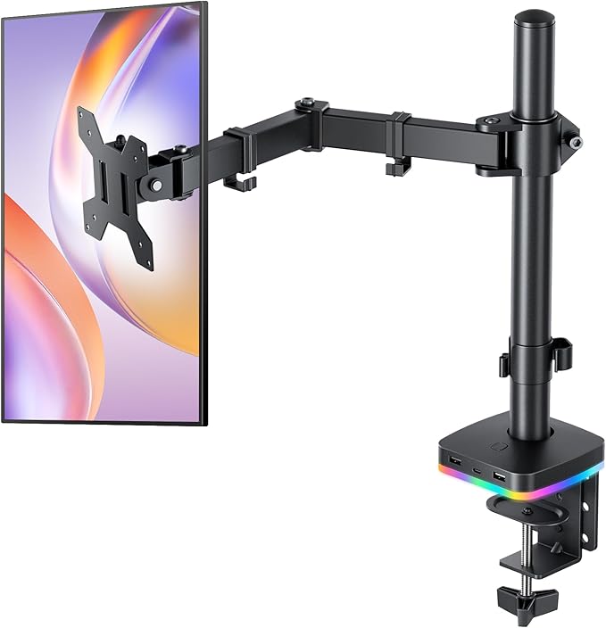 RGB Single Monitor Stand, Fully Adjustable Monitor Desk Mount Sturdy Stepped Arm Design up to 17.6lbs Desk Mount withRGB USB & USB-C High Speed Data Transfer C-Clamp 75x75/100x100 VESA