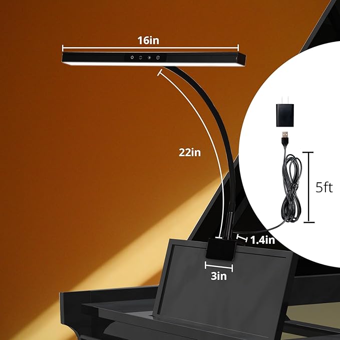 Piano Lamp with 3 Color Modes, Adjustable Height & Direction - Desk Light with Auto-Off Timer - Wide Illumination Music Stand Light