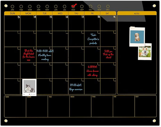 Magnetic Glass Blackboard Calendar 48"x36" Monthly Glass Dry Erase Board for Wall Planner GlassBlack Board Calender Wall Mounted for Office School Home(Black)
