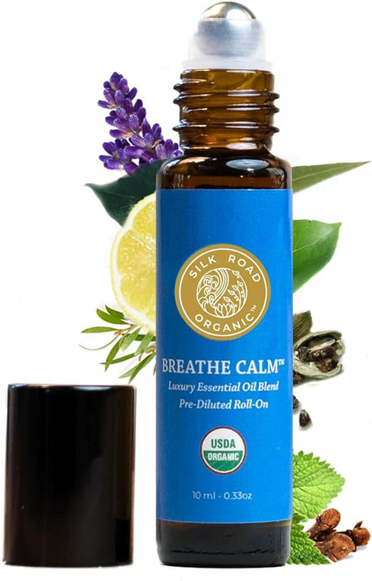 Silk Road Organic Breathe Calm Essential Oil Breathe Easy Blend Roll On, 100% Pure USDA Certified Aromatherapy for Cold, Cough, Congestion, Allergy Relief, & Wellness - 10 ml Roller
