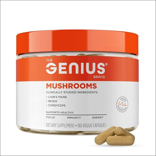 Genius Mushroom Supplement - Full-Spectrum Lion’s Mane, Cordyceps, Reishi -Daily Brain Nootropic for Energy, Focus, Memory & Overall Wellness - 90 Capsules – Organic for Mental Clarity & Performance