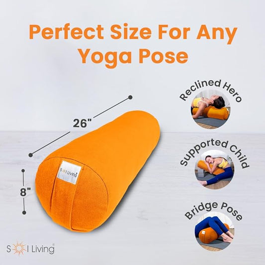 Sol Living Yoga Bolster Pillow for Restorative Meditation - 100% Cotton Cylindrical Cushion with Washable Cover for Balance Support in Asana Poses