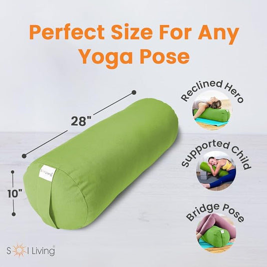 Sol Living Yoga Bolster Pillow for Restorative Meditation - 100% Cotton Cylindrical Cushion with Washable Cover for Balance Support in Asana Poses