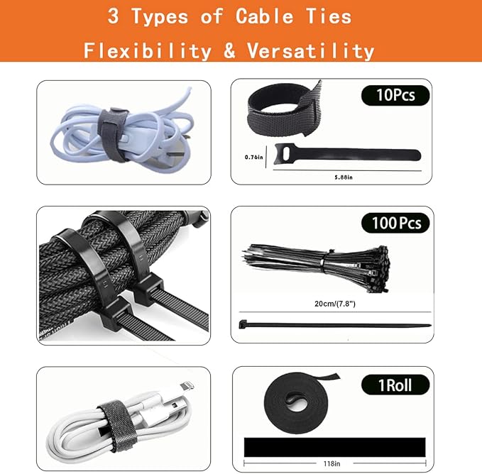 319pcs Cable Management Organizer Kit, Desk Cord Organizer, 98 Adhesive Cable Clips Holder, 17 Reusable Cable Strap, 4 Cable Sleeve Split, and 200 Nylon Cable Zip Ties (Black)