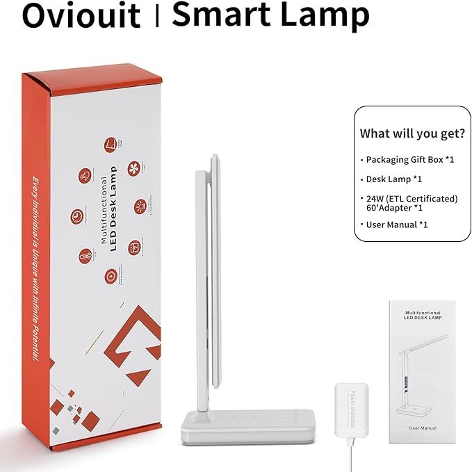 LED Desk Lamp with Wireless Charger, USB Charging Port, Reading Lamp Desk Light with 5 Brightness, 3 Colors, Table Lamp with Clock, Alarm, Date, Temperature, Desk Lamp for Home Office Study (White)