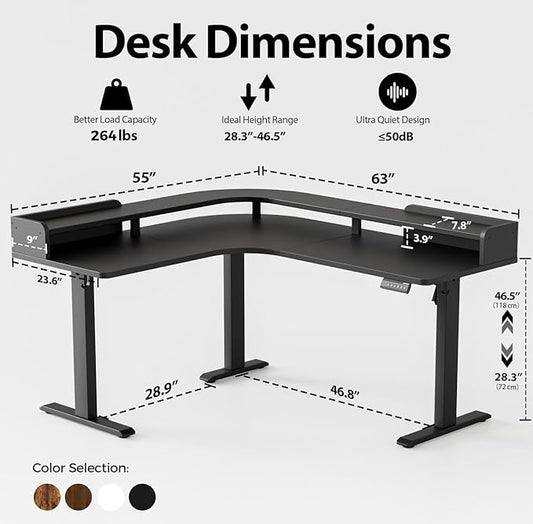 Agilestic L Shaped Standing Desk, Corner Desk with Monitor Shelf, Adjustable Height Gaming Table, Sit Stand Up Table, 63 x 55 Inch Home Office Computer Workstation, Splice Board, Black
