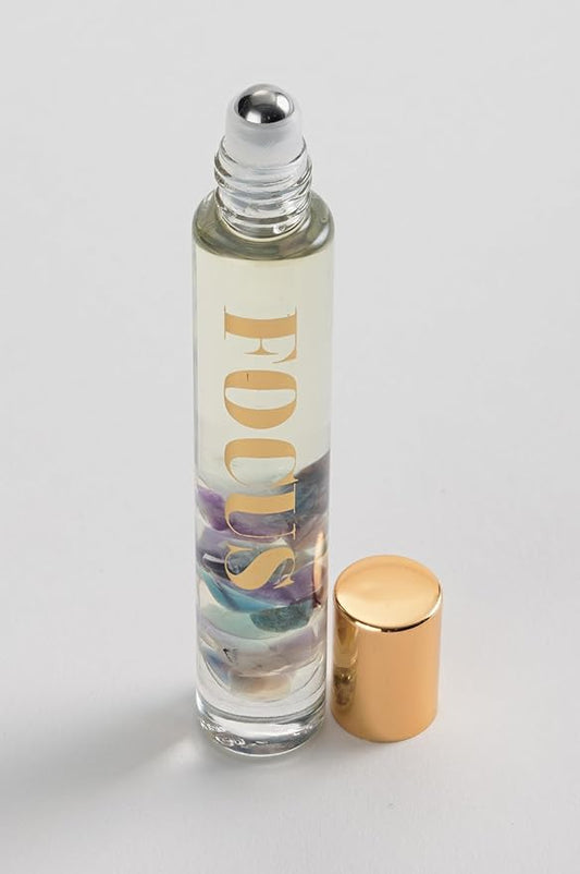 Essential Oil Rollerballs, .34 OZ, Focus - Fluorite Crystal Infused - Scents of Orange, Ginger, Ylang-ylang, & Lavender - Aromatherapy Roll On Oils, Skin Care, Massage