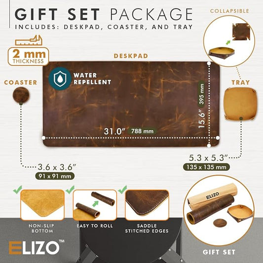 Elizo Real Leather Desk Mat Set (32x16) Large Desk Cover Desk Blotter Protector Computer Gaming Mouse Pad Table Laptop Office Desktop Accessories