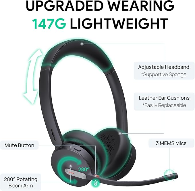 Yealink BH70 Dual UC Wireless Headset with Mic for Work, Bluetooth Headphone Teams&UC Compatible, up to 35h Talk Time, 147g All-Day Wearing Comfort, Perfect for Open Office Home Hybrid Work, USB-C/A