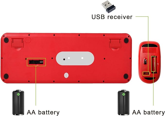 Wireless Keyboard Mouse Combo,2.4GHz Waterproof Keyboard with Round Retro Style Red Key and Optical Wireless Gaming Mouse with 3 Adjustable DPI,Compatible with PC, Computer, Laptop, Desktop, Note-Red