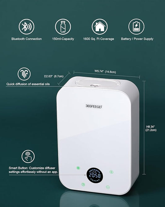 Waterless Essential Oil Diffuser, Portable Bluetooth Aromatherapy Device for Home, 24/7 Customizable Schedule, 1600 sq ft Coverage, 2×D Cell or Plug-in Powered (Dual Power-White)