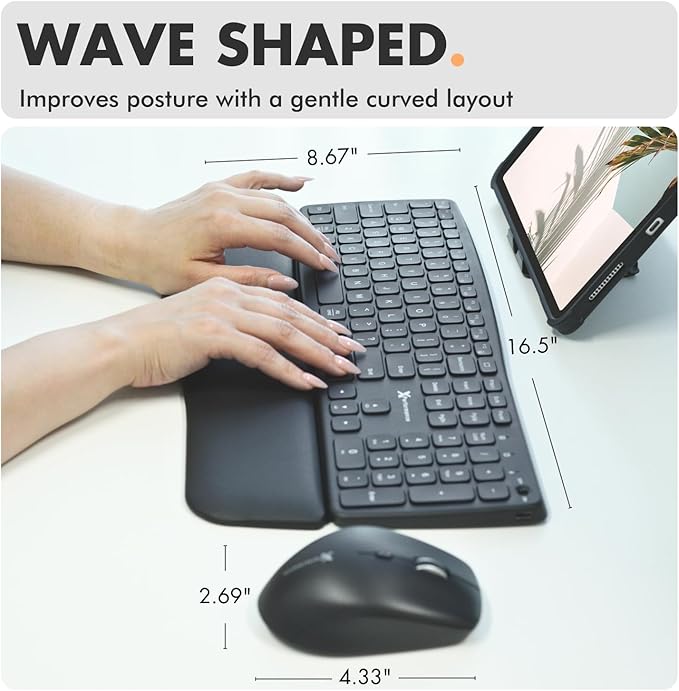 X9 Wave Backlit Wireless Keyboard and Mouse (Bluetooth + 2.4G) Ergonomic Keyboard and Mouse Wireless Combo with Detachable Wrist Rest, Rechargeable, Full-Size Set for Phone, Computer, Laptop, Mac