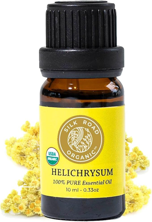 Silk Road Organic Helichrysum Italicum Essential Oil, 100% Pure Undiluted USDA Certified Aromatherapy for Skin Vitality & Anti-Aging - 10 ml Euro Dropper - Always Pure, Always Organic