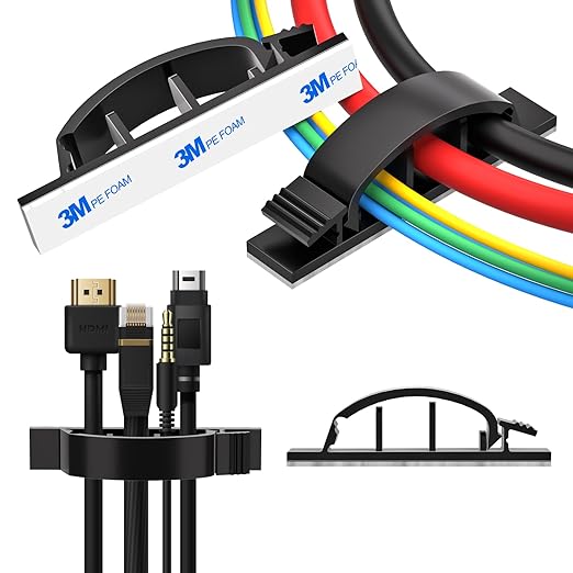 XHF 50pcs Adhesive Cable Wire Clips Black, Outdoor Cable Management Wire Organizer Cord Holder for Under Desk, Car, Wall, TV PC Ethernet Cable