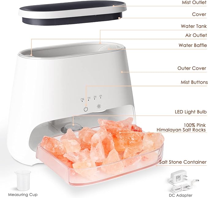 SALKING 2-in-1 Himalayan Salt Lamp & Ultrasonic Essential Oil Diffuser, Aromatherapy Diffuser Cool Mist Humidifier, Original Salt Therapy Lamp, 100% Pure Himalayan Salt, Ambient Glow, 150ml (White)