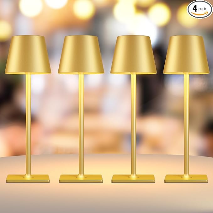 4 Pack Gold Rechargeable Led Cordless Table Lamps,Cordless Lamp with 6000mAh Battery Operated,Wireless Lamp for Restaurant Home Dinner Dining Kitchen Outdoor Patio,Waterproof & Portable