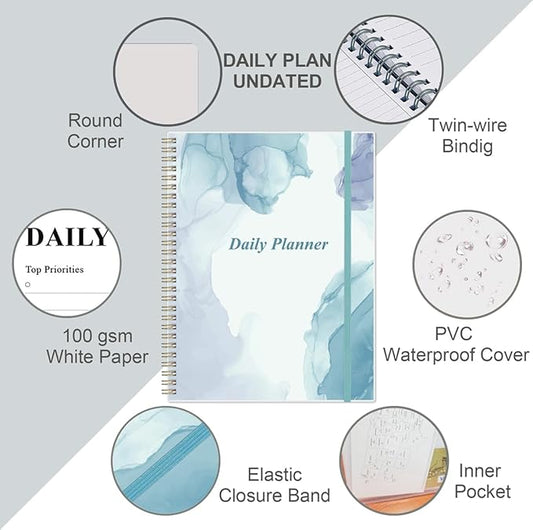 Daily Planner Undated - 8.5" x 11" To Do List Notebook Hourly Schedules, 150 Sheets/300 Pages Spiral Appointment Planner for Women and Men ,PVC Hardcover, Inner Pocket, Elastic Closure, Blue