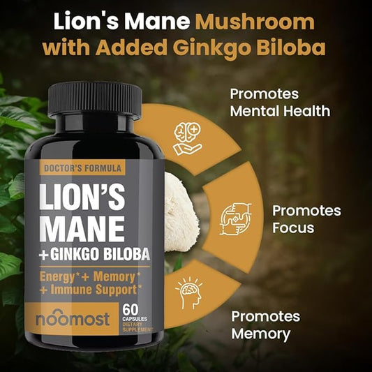 Lions Mane Supplement Organic Capsules - with Ginkgo Biloba - Cognitive Health, Focus & Memory Support - Natural Superfood for Brain, Energy & Immune Health - 60 Capsules - 2 Month Supply
