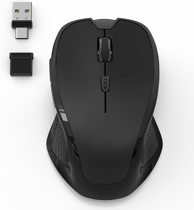 Bluetooth Wireless Computer Mouse, 2.4G Rechargeable Small Ergonomic Optical Mouse Jiggler for Office/Home with Forward/Back Buttons & USB-C/USB-A for Laptop, Desktop, PC, Mac, MacBook - Black