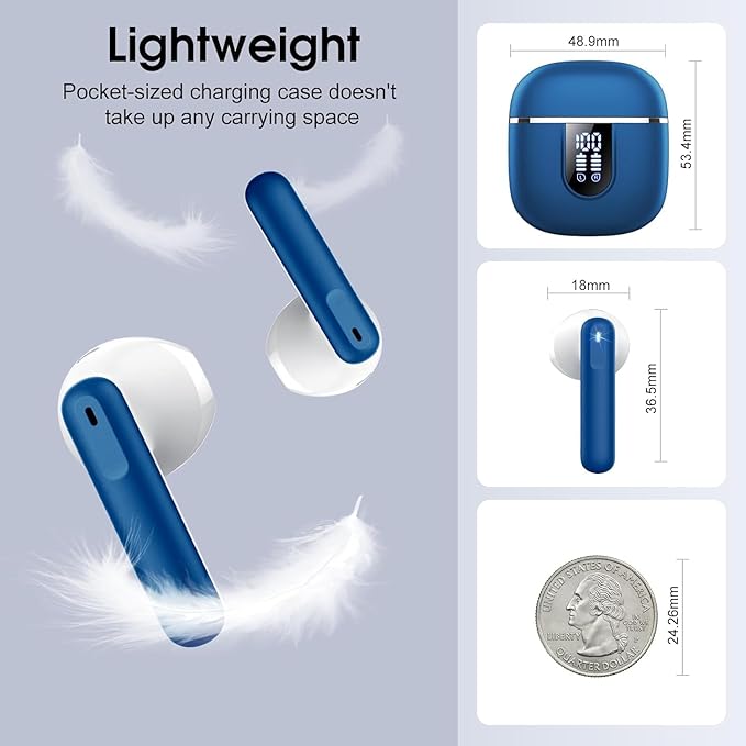 Wireless Earbuds, Bluetooth 5.4 Headphones with 3D Bass Stereo, 40H Ultralight in-Ear Buds, Bluetooth Earbuds with 4 ENC Noise Cancelling Mic, USB-C, IP7 Waterproof Earphones for Android iOS, Blue