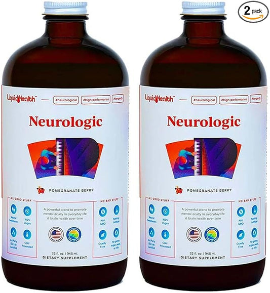 LIQUIDHEALTH Neurologic Focus Supplement - Brain Booster Nootropic Supplement for Cognitive Function, Memory & Focus with Ginkgo Biloba, Choline, L-Theanine & Phosphatidylserine - USA Made (2 Pack)