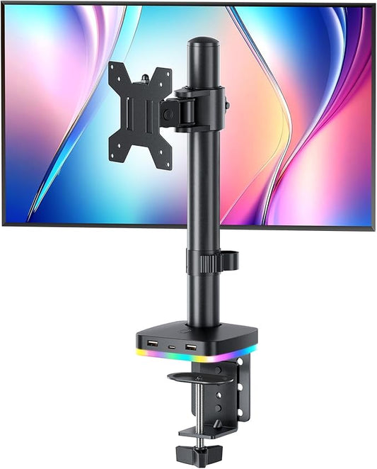 RGB Single Monitor Stand, Monitor Desk Mount Arm up to 17.6lbs Desk Mount with RGB Light Adjustable Heights Angles Arm with RGB USB & USB-C High Speed Data Transfer C-Clamp 75x75/100x100 VESA