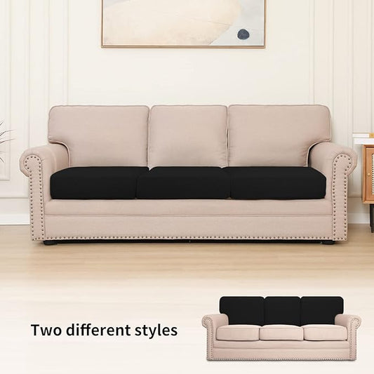 Easy-Going Stretch Individual Chair Couch Cushion Cover Sofa Cushion Furniture Protector Sofa slipcover Soft Flexibility with Elastic Bottom (3-Piece Sofa Cushion Cover, Black)