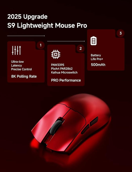S9 Ultra Wireless Gaming Mouse, 59G Ergonomic Computer Mouse, Triple Modes, 8K Polling, PAW3950 42K DPI Optical Sensor, Kailh Switch, 250h Battery Life, Programmable for PC/Win/Mac(Red)
